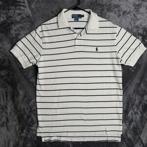 Polo Ralph Lauren Polo Shirt Mens M White Navy Blue Striped Cotton Pique Pony
